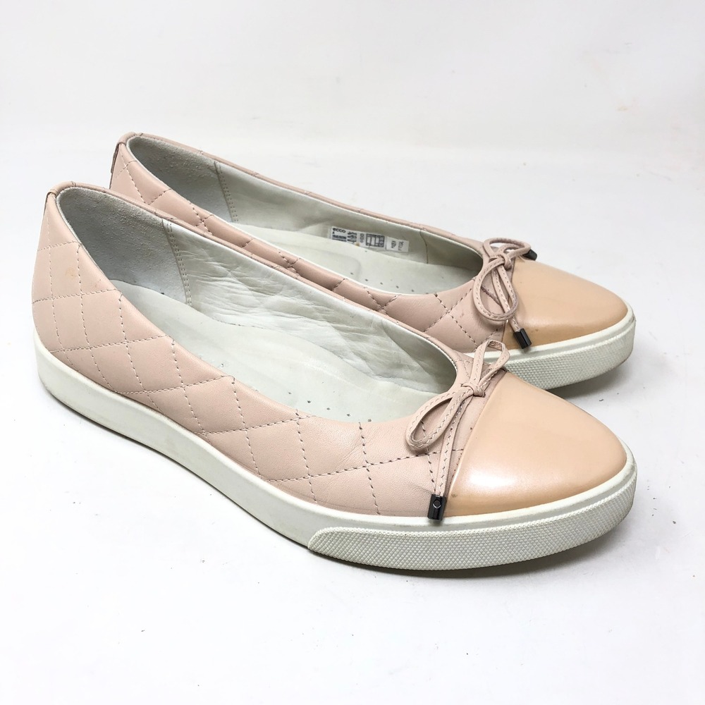 ECCO Womens 38 Gillian Ballet Flats Pink Quilted Patent Cap Toe Bow